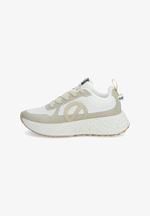 Sport sneakers in white and light beige with a textured upper, round lace system, large logo detail, and speckled outsole.
