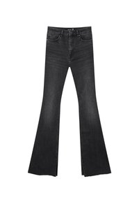 Jean en denim noir taille haute avec jambes évasées et poches avant, présentant un léger effet délavé et des ourlets bruts.