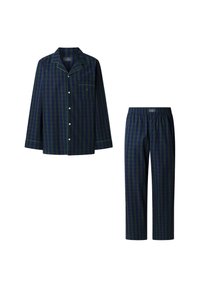 Conjunto de pijama de cuadros para hombre, hecho de algodón. Presenta un fondo azul marino con líneas verdes y rojas, camisa de manga larga y pantalones con cintura elástica.