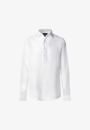 Biała koszula z długim rękawem, wykonana z lekkiego materiału, z zapięciem na guziki i kołnierzykiem w kształcie spiczastego. Minimalistyczny design, bez wzorów i akcentów.