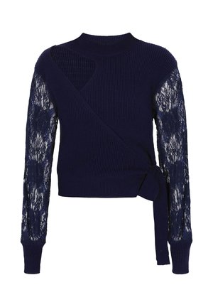 Granatowy sweter z prążkowanego dzianiny, z lewym rękawem z koronki. Zawiera kopertowy krój i wiązanie w talii.