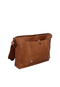 Braune Leder-Umhängetasche mit Fronttasche, die mit Druckknöpfen gesichert ist, und verstellbarem Schultergurt.