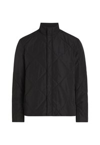 Chaqueta negra acolchada con cuello alto, con costuras en forma de diamante y un diseño minimalista. Hecha de un tejido suave y ligero.