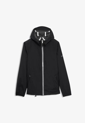 Schwarze leichte Jacke mit Kapuze, silbernem Reißverschluss und Seitentaschen. Innen gefüttert mit hellgrauem und weiß gestreiftem Stoff.