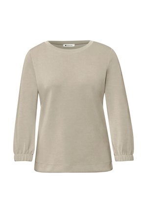 Beiges Langarmshirt mit rundem Ausschnitt und elastischen Bündchen, schlichtes Design, präsentiert auf weißem Hintergrund.