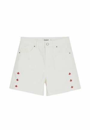 Shorts en denim blanc avec broderies florales rouges sur le côté, design à cinq poches et fermeture à bouton à l'avant. Texture douce et style décontracté.