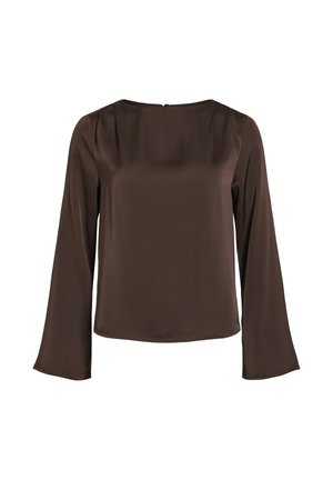 Brun långärmad blus i mjukt tyg, med rund halsringning och en diskret stängning på baksidan. Enkelt, stilrent design.