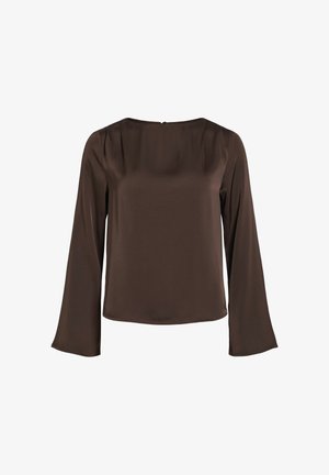 Brun långärmad blus i mjukt tyg, med rund halsringning och en diskret stängning på baksidan. Enkelt, stilrent design.