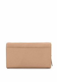 Beige Leder Geldbörse mit glatter Textur, rechteckiger Form und dezentem Nahtdetail entlang der Kante. Reißverschlussverschluss auf einer Seite.