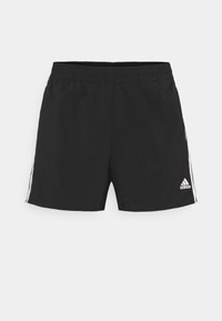 Pantalones cortos deportivos negros con cinturilla elástica, con franjas blancas laterales y un logo de Adidas en la parte frontal inferior derecha.