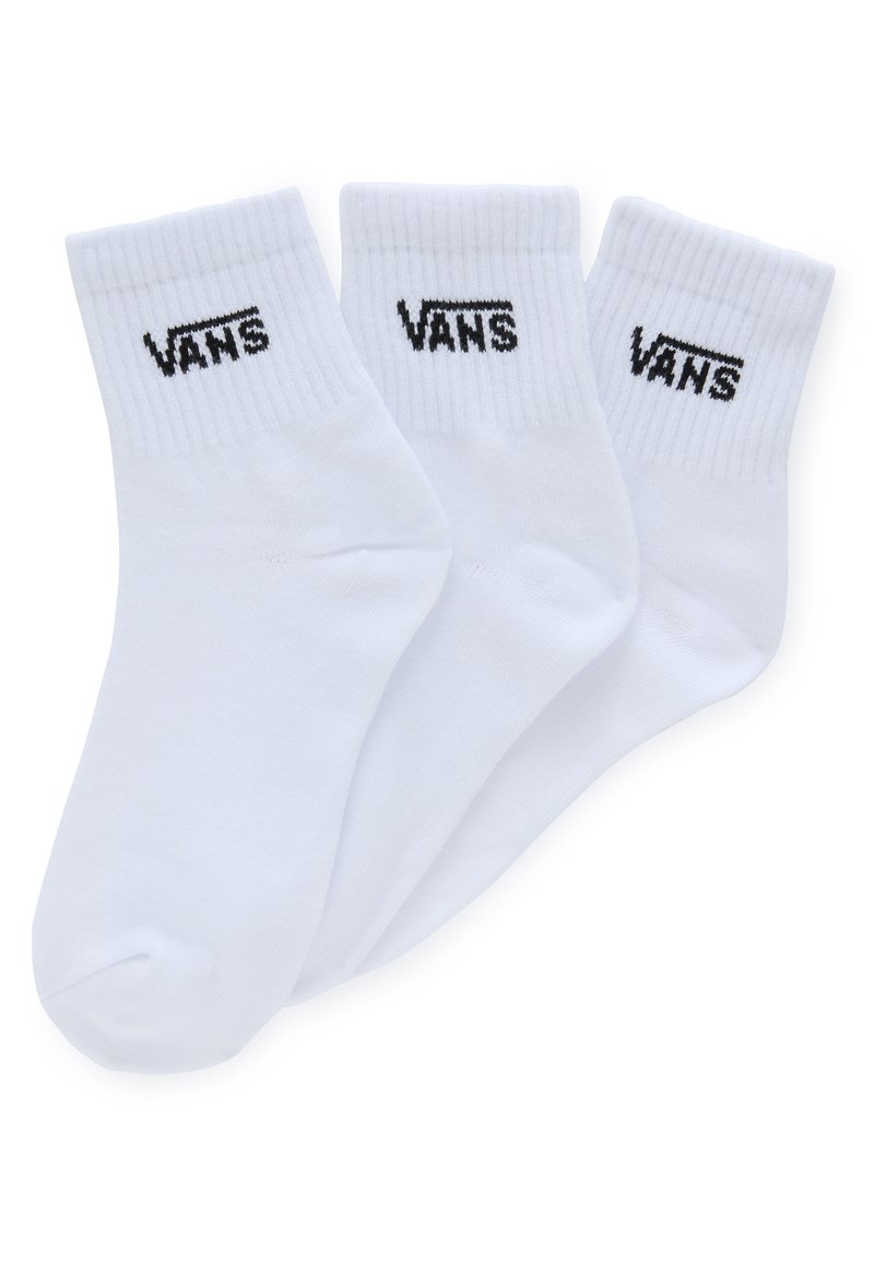 Hvide crew-sokker med ribbede manchetter, med et sort "VANS" logo trykt på fronten. Sæt med tre par. Blødt bomuldsblandingsmateriale.