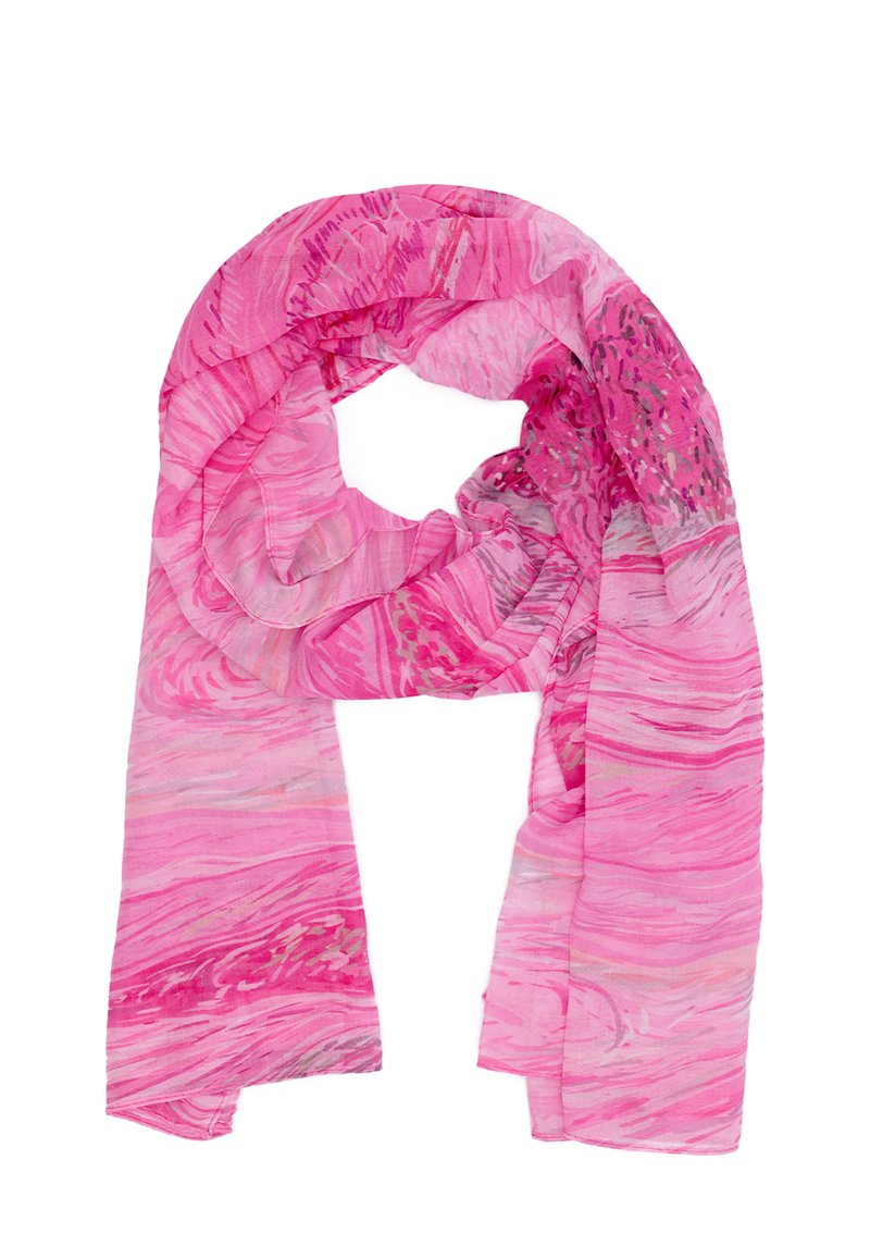 Foulard rosa realizzato in tessuto leggero, con motivi vorticosi che presentano diverse tonalità di rosa e sottili accenti testurizzati in tutto il capo.