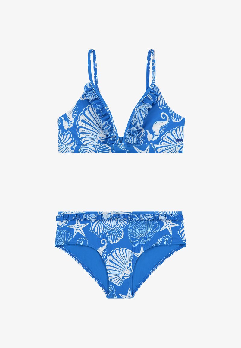 Blue bikini set with white seashell and starfish patterns, featuring ruffled edges on the top and bottom pieces.