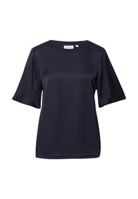 Granatowa satynowa bluzka z krótkim rękawem i okrągłym dekoltem. Posiada gładką teksturę i luźny krój, idealna do codziennych stylizacji.