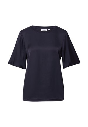 Granatowa satynowa bluzka z krótkim rękawem i okrągłym dekoltem. Posiada gładką teksturę i luźny krój, idealna do codziennych stylizacji.