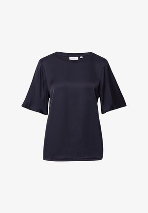 Granatowa satynowa bluzka z krótkim rękawem i okrągłym dekoltem. Posiada gładką teksturę i luźny krój, idealna do codziennych stylizacji.