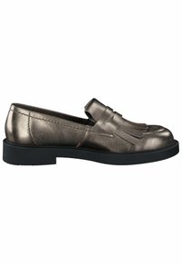 Metallilised pronksist loafers frantsiiside detailiga, siledast nahast tekstuuriga, ümaratest varvastest ja mustast kummist tallaga.