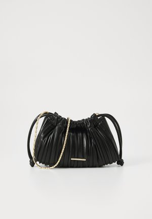 Black pleated faux leather handbag with a drawstring closure, gold chain and braided accents, featuring smooth texture and sleek design.