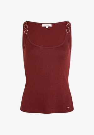 Débardeur sans manches rouge rouille avec encolure carrée et anneaux métalliques décoratifs sur les bretelles, taille petite, tissu tricoté.