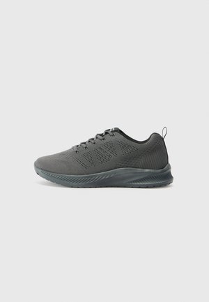 Gray athletic shoes with a breathable mesh upper, textured sides, and a flexible rubber sole. Features lace-up closure and pull-tab.