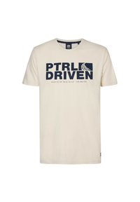 Krémové bavlněné tričko s velkým grafickým potiskem v námořnické modré barvě, který říká "PTRI DRIVEN" a obsahuje souřadnice, s designem kulatého výstřihu.