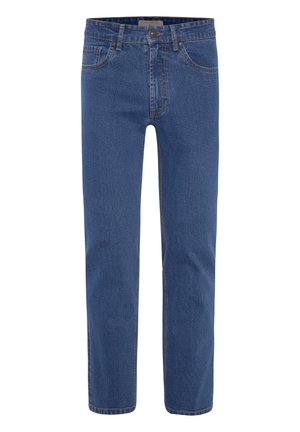 Blue denim jeans with a classic straight-leg design, five pockets, and contrast stitching; mid-rise waist and a zip fly with button closure.