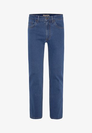 Blue denim jeans with a classic straight-leg design, five pockets, and contrast stitching; mid-rise waist and a zip fly with button closure.