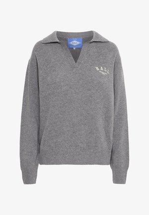Grey knitted sweater with a V-neck, long sleeves, and a polo collar. Features a small white "BALL" logo on the chest. Soft texture.