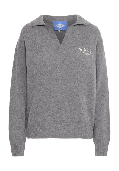 Grey knitted sweater with a V-neck, long sleeves, and a polo collar. Features a small white "BALL" logo on the chest. Soft texture.