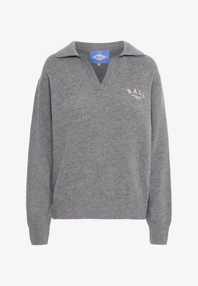 Grey knitted sweater with a V-neck, long sleeves, and a polo collar. Features a small white "BALL" logo on the chest. Soft texture.