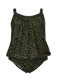 Olivengrøn tankini med sort leopardmønster, justerbare skulderstropper og bluseagtig top med matchende bikiniunderdel.