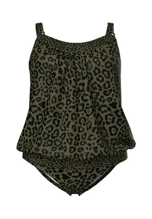 Olivgrüner Tankini mit schwarzem Leopardenmuster, verstellbaren Schultergurten und Blouson-Top mit passendem Bikinihöschen.