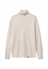 Cremfarbener Rollkragenpullover aus weichem Stoff, mit langen Ärmeln und einem Etikett auf der unteren linken Seite für zusätzliche Details.