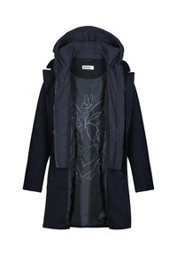 Námořnický kabát s odnímatelnou kapucí, zapínání na knoflíky. Podšívka s květinovým vzorem vyšitým bílou nití. Měkká textura.