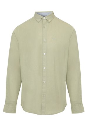 Lichtolijfgroene blouse met lange mouwen, knoopsluiting en een button-down kraag, met een subtiel geborduurd logo op de linkerborst.