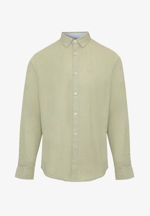 Lichtolijfgroene blouse met lange mouwen, knoopsluiting en een button-down kraag, met een subtiel geborduurd logo op de linkerborst.