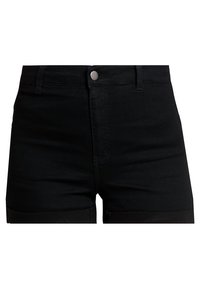 Shorts en jean noir à taille haute, dotés d'une fermeture à boutons sur le devant, d'un design à cinq poches et d'un ourlet légèrement effiloché. Texture lisse.