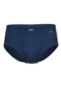 Bóxers a rayas azul marino fabricados con un material elástico suave, que cuentan con un diseño ajustado, una cinturilla ancha y un acento de marca en el lateral.