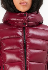 Bordeaux puffy jack met een hoge kraag, glanzende textuur, zwarte rits en horizontale vachting voor isolatie.