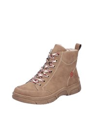 Bottines en cuir marron avec doublure légèrement rembourrée, lacets rouge et blanc, semelle en caoutchouc texturée et détails de couture décoratifs.