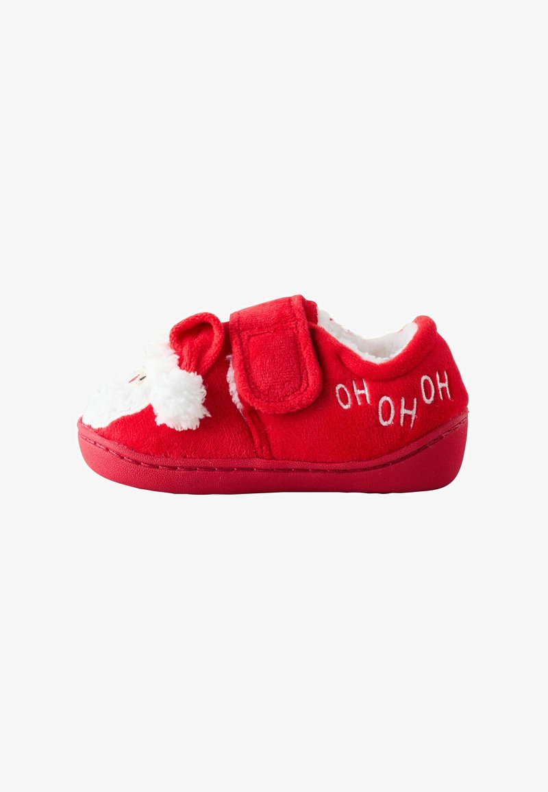 Chausson rouge pour enfants avec un visage de Noël en peluche blanche de Santa, bande Velcro et "OH OH OH" brodé sur le côté.