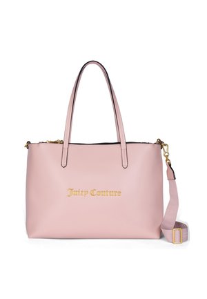 Borsa a spalla in pelle rosa con logo dorato "Juicy Couture", doppi manici e tracolla rimovibile. Texture liscia e design minimalista.