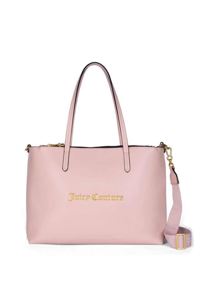 Borsa a spalla in pelle rosa con logo dorato "Juicy Couture", doppi manici e tracolla rimovibile. Texture liscia e design minimalista.
