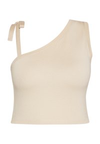 Beige, one-shoulder crop top met een geribbelde textuur. Heeft een decoratieve strikband, een aansluitend ontwerp en een zoom die boven de taille uitkomt.