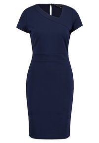 Marinblå figursydd klänning med korta ärmar, V-formad halsringning och dragkedja i ryggen. Tillverkad av slät tyg med en strukturerad siluett.