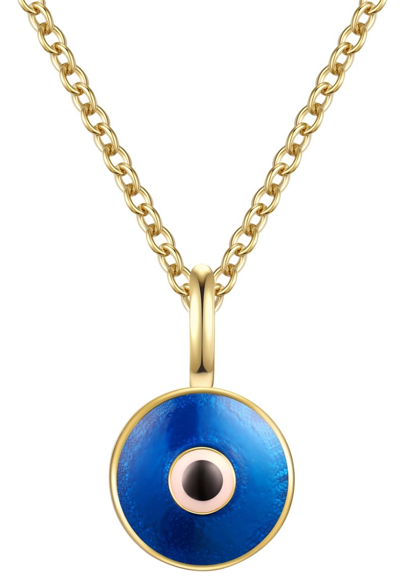 Collana in oro con un pendente blu circolare con disegno di un occhio, una pietra nera centrale circondata da un contorno rosa.
