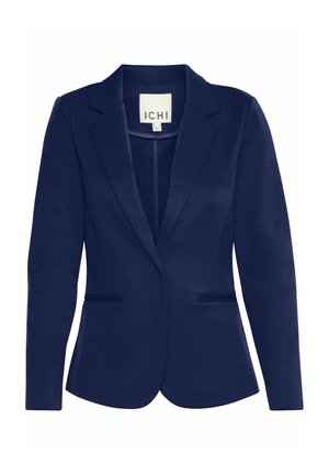 Blazer marine en tissu lisse, avec un col cranté, une fermeture à un bouton et deux poches latérales. Design simple et ajusté.