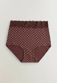 Culotte pour femme marron taille haute avec des pois blancs et une ceinture en dentelle marron foncé, étalée à plat sur un fond clair.