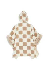 Poncho con cappuccio realizzato in morbido pile crema con un motivo a scacchi marrone; presenta una morbida rifinitura marrone sui polsini. Ampia vestibilità.