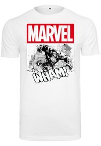 White cotton T-shirt featuring a black and white comic-style illustration of a character with "MARVEL" in red and "WHAM!" in bold text.
